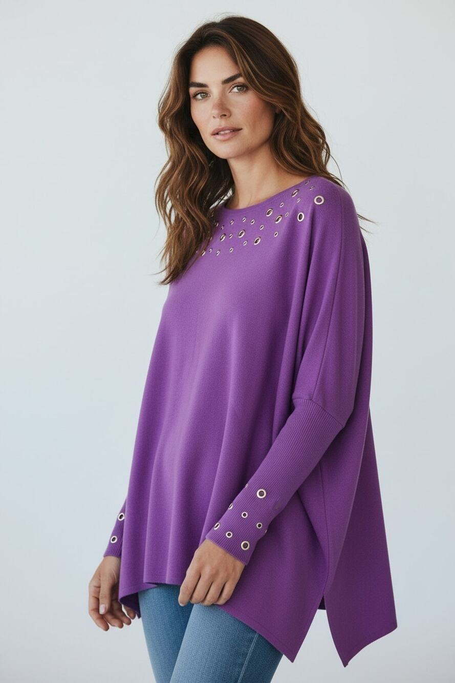 A5 NWT CHICOS Vivid Viola Rayon Grommet Crew Neck Poncho Sweater Size L/XL $129
